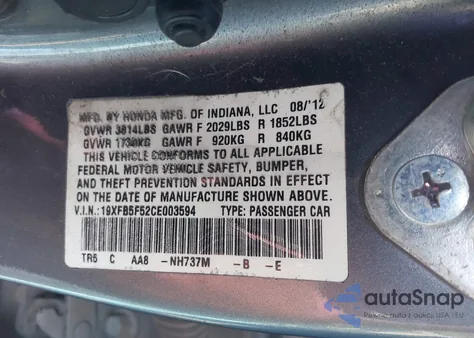 2012 Honda Civic Natural Gas z USA, uszkodzony, nr VIN 19XFB5F52CE003594